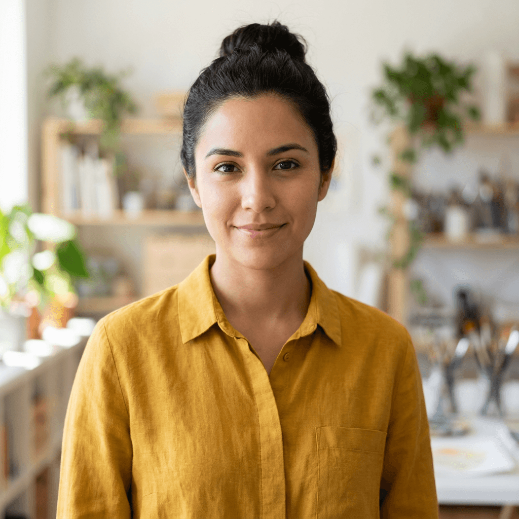 Rosa Martinez smiling softly in her living room