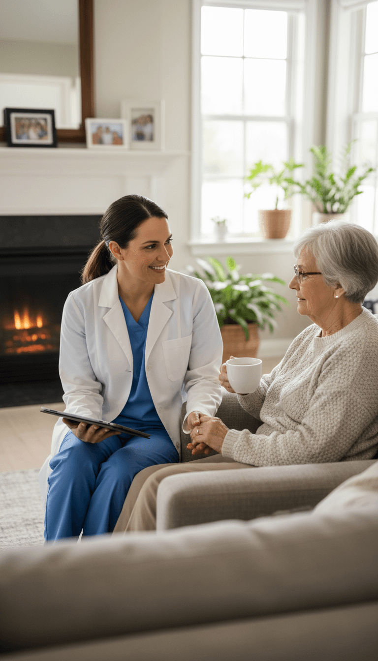 Nurse practitioner having a friendly conversation with a senior patient in a bright living room