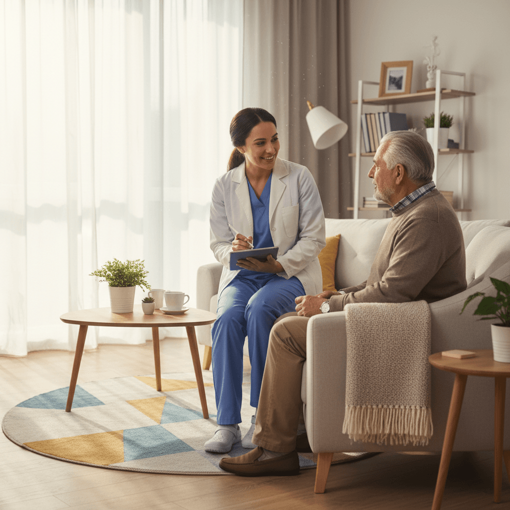 Nurse practitioner providing home healthcare in a bright, welcoming living room