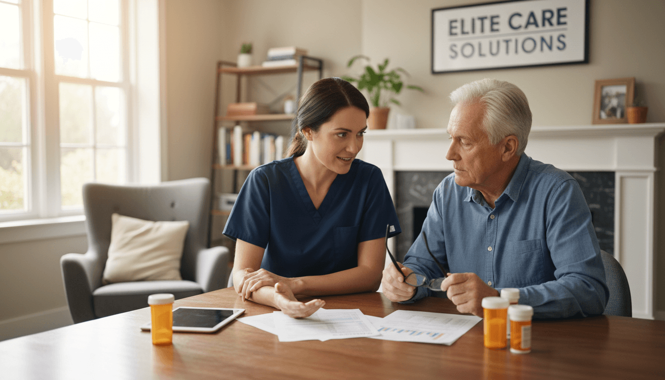 Clinician in navy scrubs explaining lab results at dining table with medication bottles