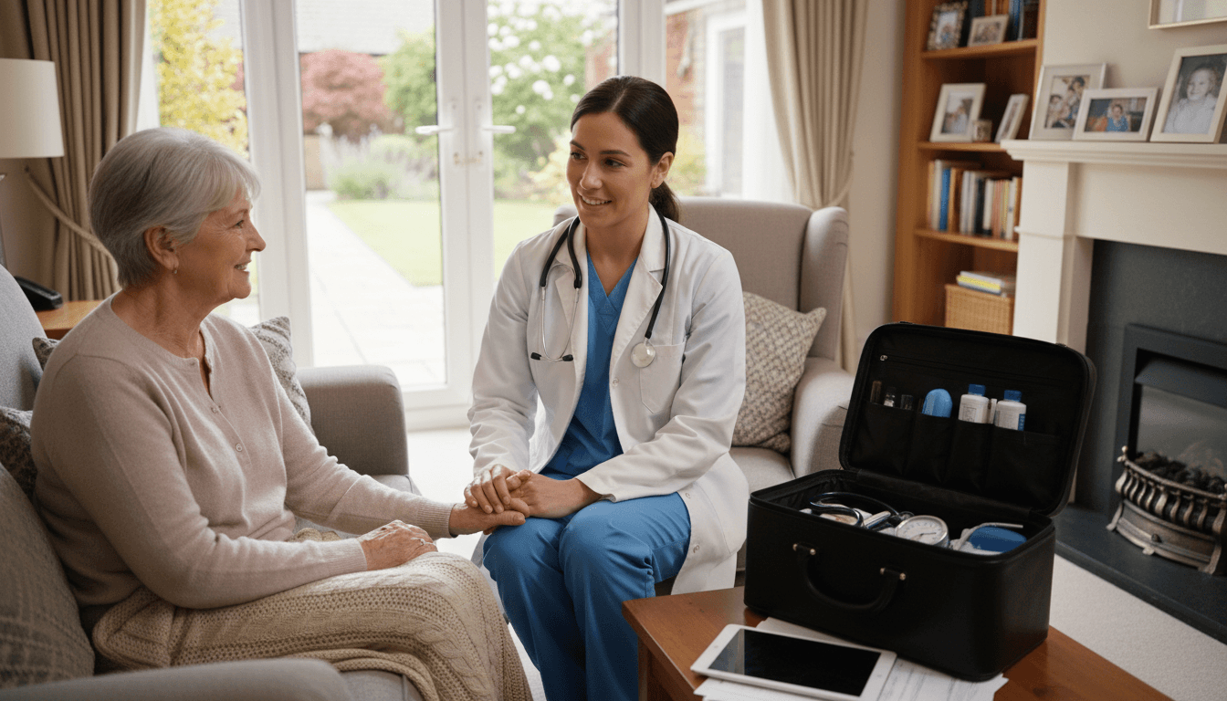 Nurse practitioner sitting at the bedside of an elderly homebound patient in a sunlit El Monte bedroom, taking vitals with a calm, attentive manner