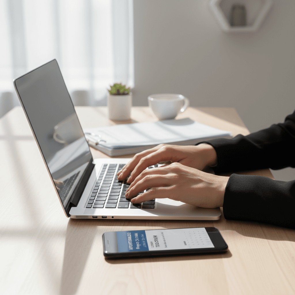 Professional hands typing on laptop with smartphone displaying calendar notification and appointment confirmation on bright, organized desk