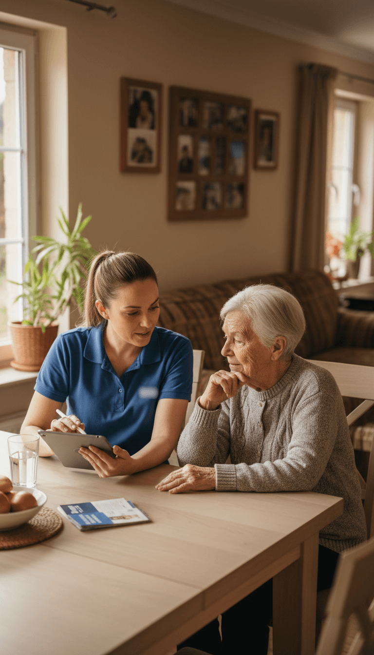 Healthcare professional consulting with elderly client at home dining table, discussing personalized care plan and health management