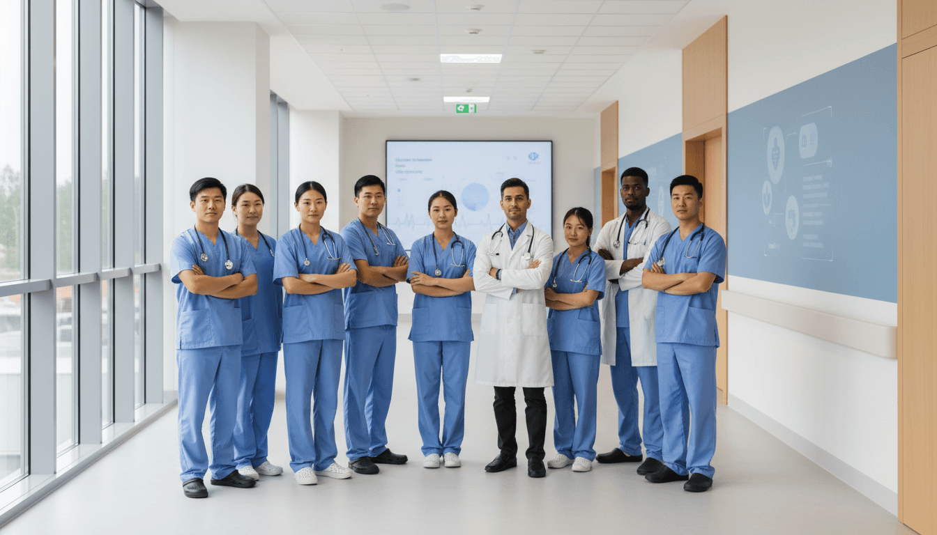 Diverse healthcare team including doctors and nurses standing together in bright modern medical facility corridor