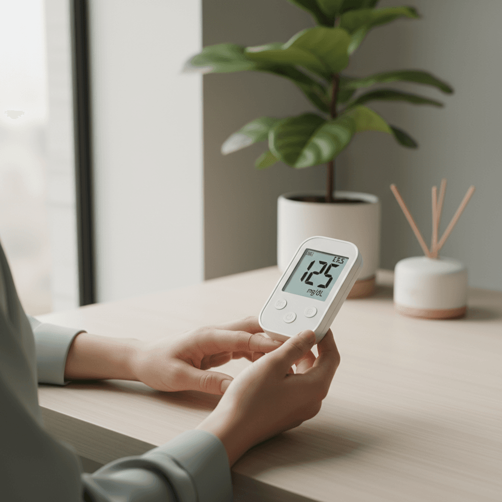 Doctor reviewing a glucose log with a patient on a sofa, glucometer and pill organizer on a side table, quiet residential interior, natural window light