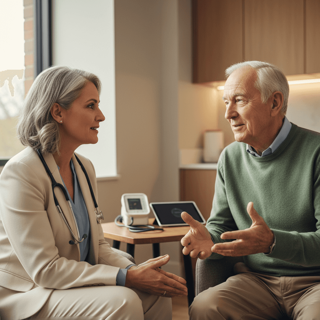 Geriatric physician conducting cognitive assessment with attentive elderly patient in warm clinical examination room